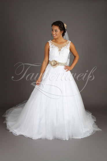 Wedding dress TW0143B - Wedding dress TW0143B brown band deep neckline lace tulle beadings train