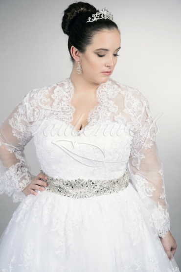 Wedding dress TW0154B - Wedding dress TW0154B big size XXL princess tulle lace trumpet sleeves Rhine stone belt 2