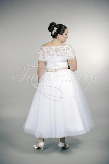 Wedding dress TW0168B - Wedding dress TW0168B tea-lengh plus size XXL tulle lace beadings off-shoulder stola colored belt 3