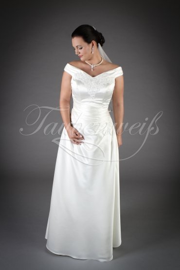 Wedding dress TW0053B - Wedding dress TW0053B modest A-Line satin lace appliques off-the-shoulder no train zipper
