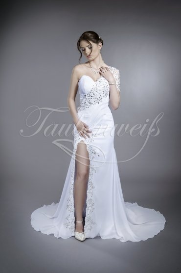 Wedding dress TW0075B - Wedding dress TW0075B mermaid chiffon lace leg slit tattoo back one sleeve train