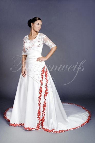 Wedding dress TW0113B - Wedding dress TW0113B A-line satin kace red lace beadings sleeves covered back